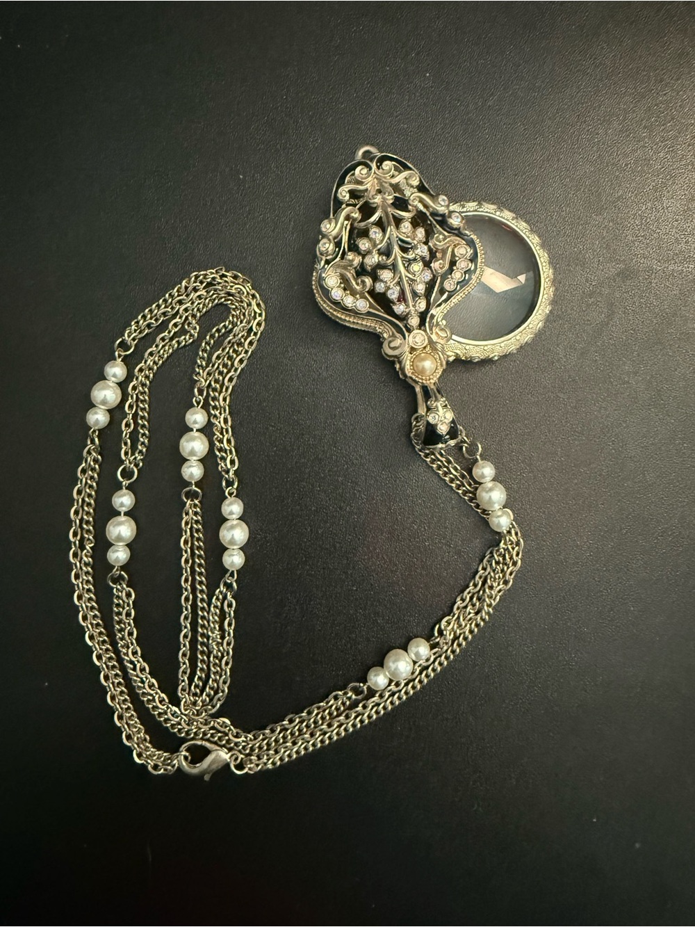 Antique-Style Gold colorFiligree Necklace with Pearl Accents - Jewelry magnifyer